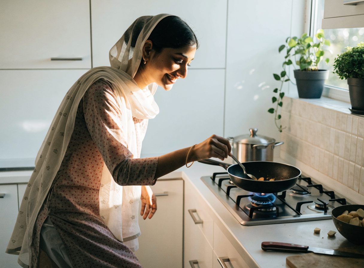 Family cooking on LPG stove