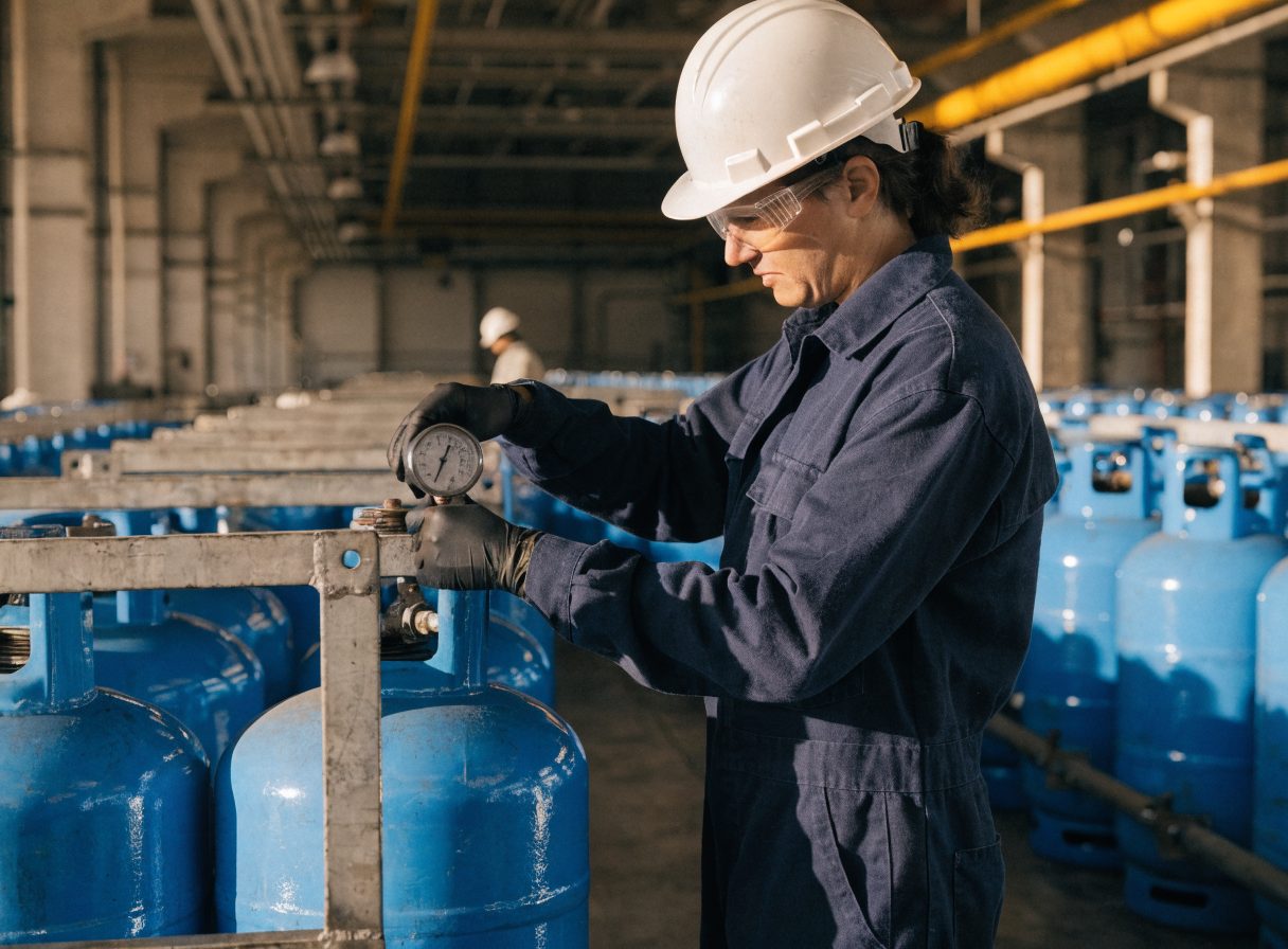 Technician inspecting LPG cylinders